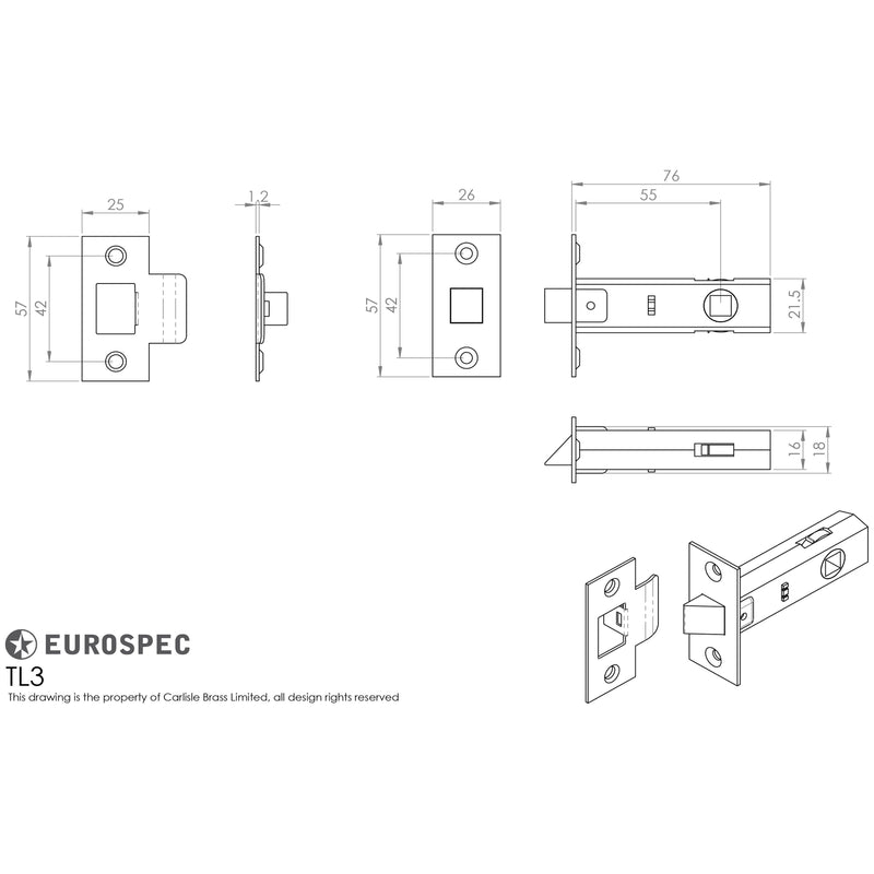 Carlisle Brass - 76mm Tubular Latch - 8mm Follower - Electro Brass - Electro Brassed - TL3 - Choice Handles