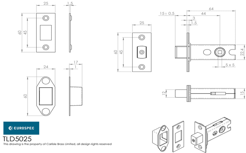 Eurospec - Tubular Dead Bolt 64mm - Electro Brassed/Satin Stainless Steel - TLD5025EB/SSS