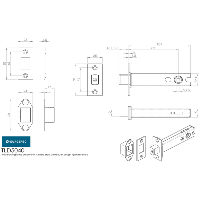 Eurospec - Tubular Dead Bolt 102mm - Electro Brassed/Satin Stainless Steel - TLD5040EB/SSS