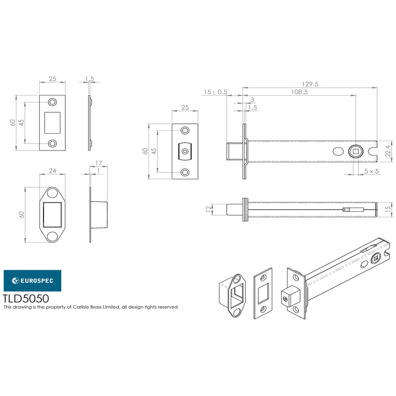 Eurospec - Tubular Dead Bolt 127mm - Electro Brassed/Satin Stainless Steel - TLD5050EB/SSS