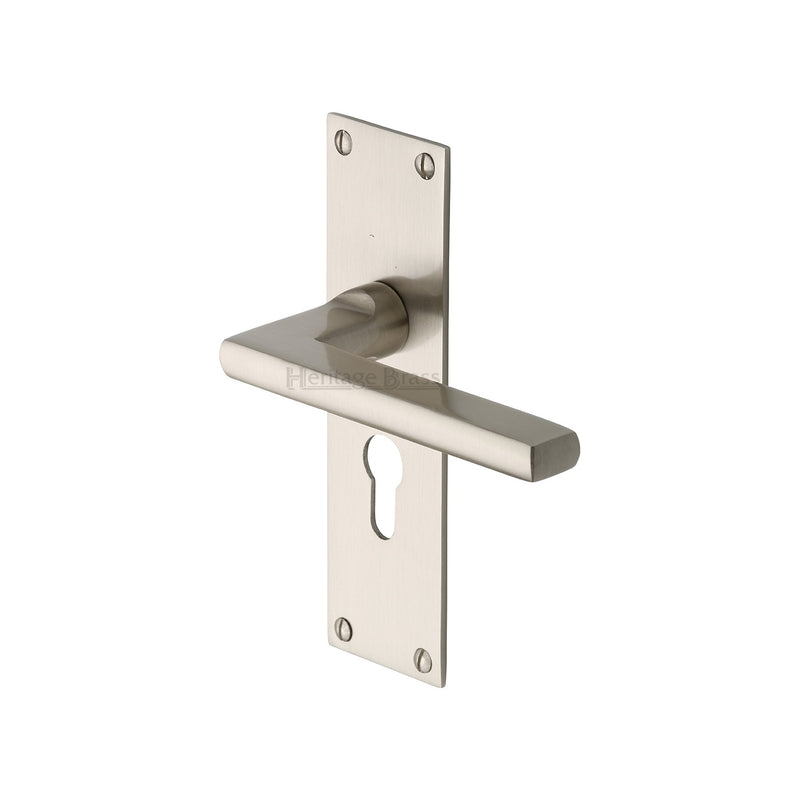 Heritage Brass Door Handle Euro Profile Plate Trident Design Satin Nickel Finish - TRI1348-SN - Choice Handles