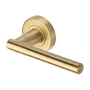 Heritage Brass Door Handle Lever on Rose Challenger Design Satin Brass Finish - V1001-SB - Choice Handles