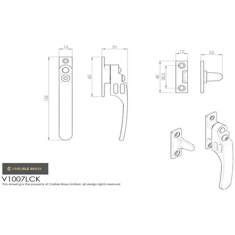 Carlisle Brass - Locking Casement Fastener with Night Vent - Polished Brass - V1007LCK - Choice Handles