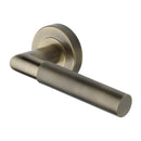 Heritage Brass Door Handle Lever Latch on Round Rose Bauhaus Mitre Knurled Design Antique Brass finish
 - V2272-AT - Choice Handles
