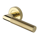 Heritage Brass Door Handle Lever Latch on Round Rose Bauhaus Mitre Knurled Design Polished Brass finish
 - V2272-PB - Choice Handles