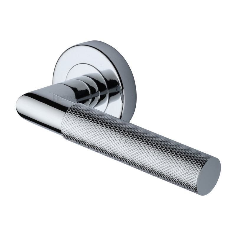 Heritage Brass Door Handle Lever Latch on Round Rose Bauhaus Mitre Knurled Design Polished Chrome finish
 - V2272-PC - Choice Handles