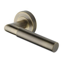 Heritage Brass Door Handle Lever Latch on Round Rose Bauhaus Mitre Reeded Design Antique Brass finish
 - V2274-AT - Choice Handles