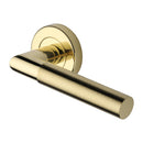 Heritage Brass Door Handle Lever Latch on Round Rose Bauhaus Mitre Reeded Design Polished Brass finish
 - V2274-PB - Choice Handles