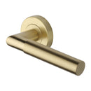 Heritage Brass Door Handle Lever Latch on Round Rose Bauhaus Mitre Reeded Design Satin Brass finish
 - V2274-SB - Choice Handles