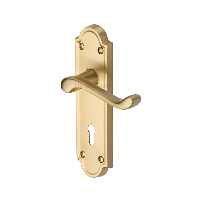 Heritage Brass Door Handle Lever Lock Meridian Design Satin Brass Finish - V300-SB - Choice Handles