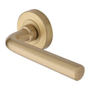 Heritage Brass Door Handle Lever Latch on Round Rose Octave Design Satin Brass finish
UK Registered Design Number 6228267 - V4545-SB - Choice Handles