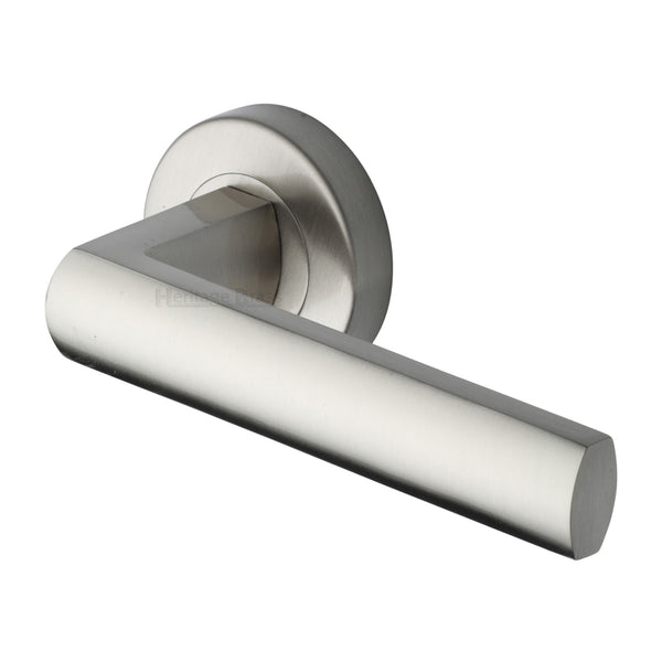 Heritage Brass Door Handle Lever Latch on Round Rose Poseidon Design Satin Nickel finish
 - V6230-SN - Choice Handles