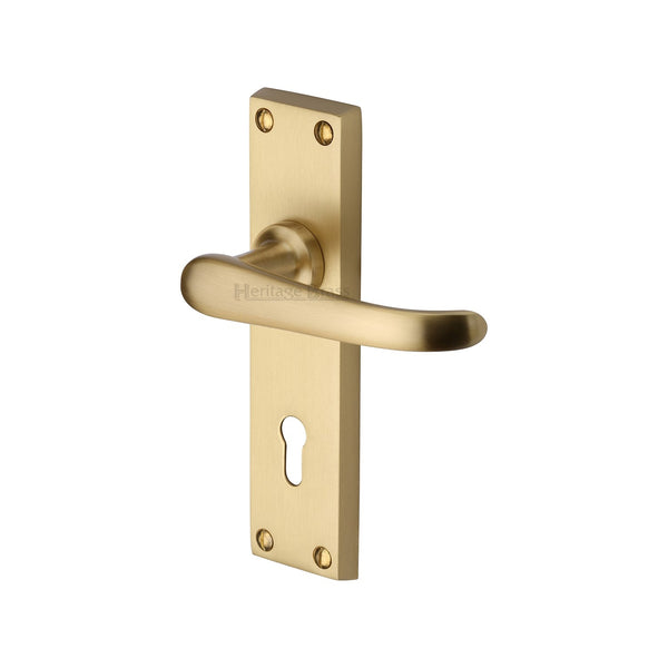 Heritage Brass Door Handle Lever Lock Windsor Design Satin Brass finish - V700-SB - Choice Handles