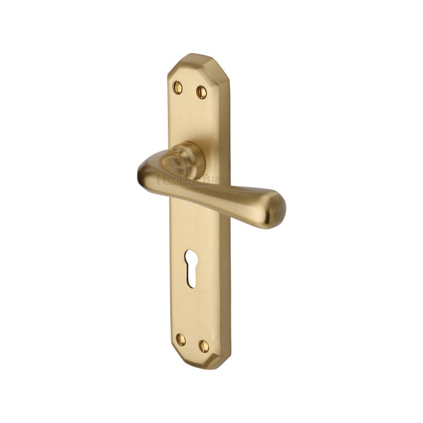 Heritage Brass Door Handle Lever Lock Charlbury Design Satin Brass Finish - V7050-SB - Choice Handles