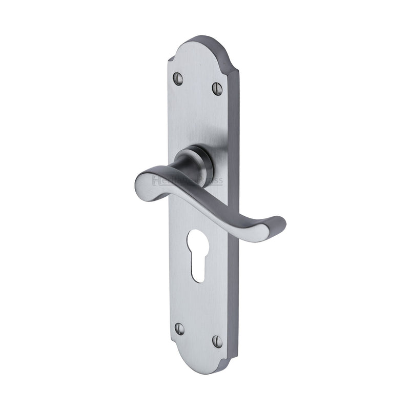 Heritage Brass Door Handle for Euro Profile Plate Savoy Long Design Satin Chrome finish - V757.48-SC - Choice Handles