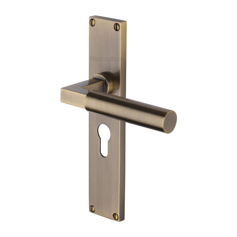 Heritage Brass Bauhaus Euro Profile Door Handle on 200mm Plate Antique Brass finish - VT6348-AT - Choice Handles
