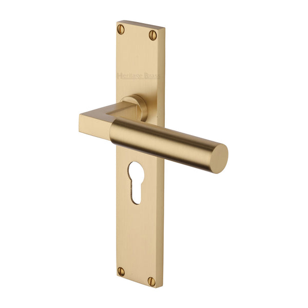 Heritage Brass Bauhaus Euro Profile Door Handle on 200mm Plate Satin Brass finish - VT6348-SB - Choice Handles