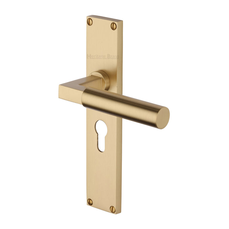 Heritage Brass Bauhaus Euro Profile Door Handle on 200mm Plate Satin Brass finish - VT6348-SB - Choice Handles