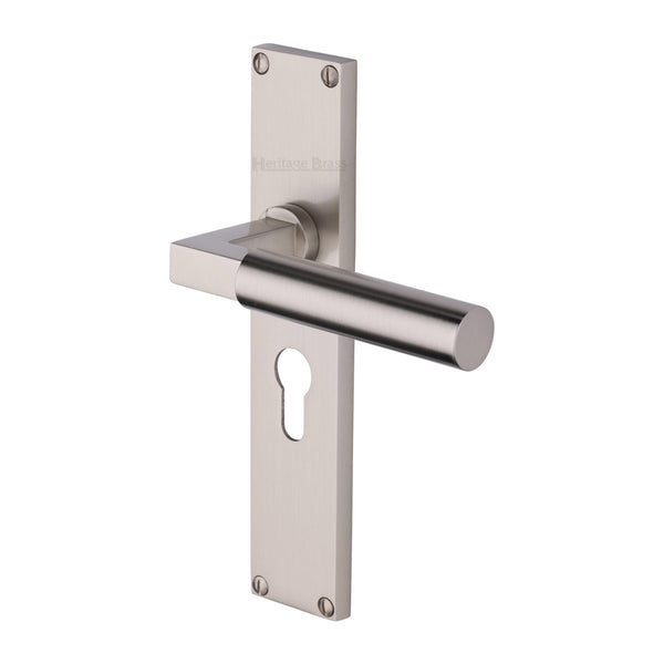 Heritage Brass Bauhaus Euro Profile Door Handle on 200mm Plate Satin Nickel finish - VT6348-SN - Choice Handles