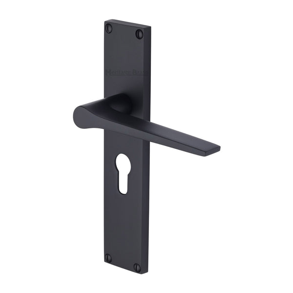 Heritage Brass Gio Euro Profile Door Handle on 200mm Plate Matt Black finish - VT8148-BKMT - Choice Handles
