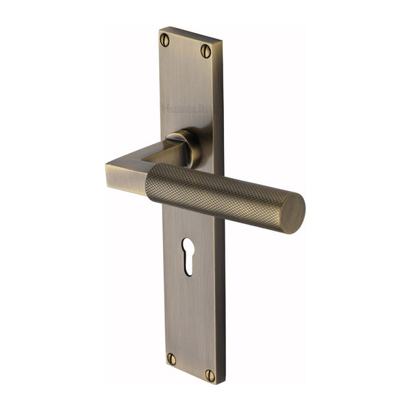 Heritage Brass Bauhaus Knurled Lever Lock Door Handle on 200mm Plate Antique Brass finish - VT9300-AT - Choice Handles