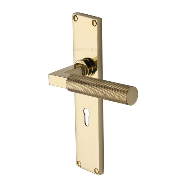 Heritage Brass Bauhaus Knurled Lever Lock Door Handle on 200mm Plate Polished Brass finish - VT9300-PB - Choice Handles