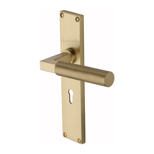 Heritage Brass Bauhaus Knurled Lever Lock Door Handle on 200mm Plate Satin Brass finish - VT9300-SB - Choice Handles