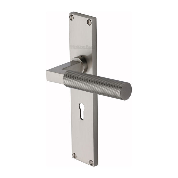 Heritage Brass Bauhaus Knurled Lever Lock Door Handle on 200mm Plate Satin Nickel finish - VT9300-SN - Choice Handles