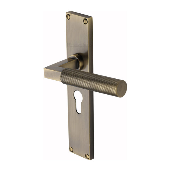 Heritage Brass Bauhaus Knurled Euro Profile Door Handle on 200mm Plate Antique Brass finish - VT9348-AT - Choice Handles