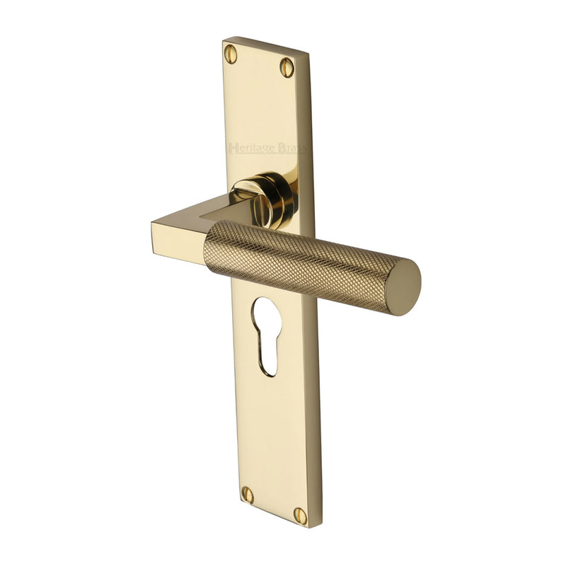 Heritage Brass Bauhaus Knurled Euro Profile Door Handle on 200mm Plate Polished Brass finish - VT9348-PB - Choice Handles
