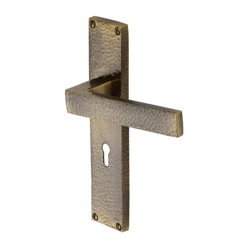 Heritage Brass Delta Hammered Lever Lock Door Handle on 200mm Plate Antique Brass finish - VTH3300-AT - Choice Handles
