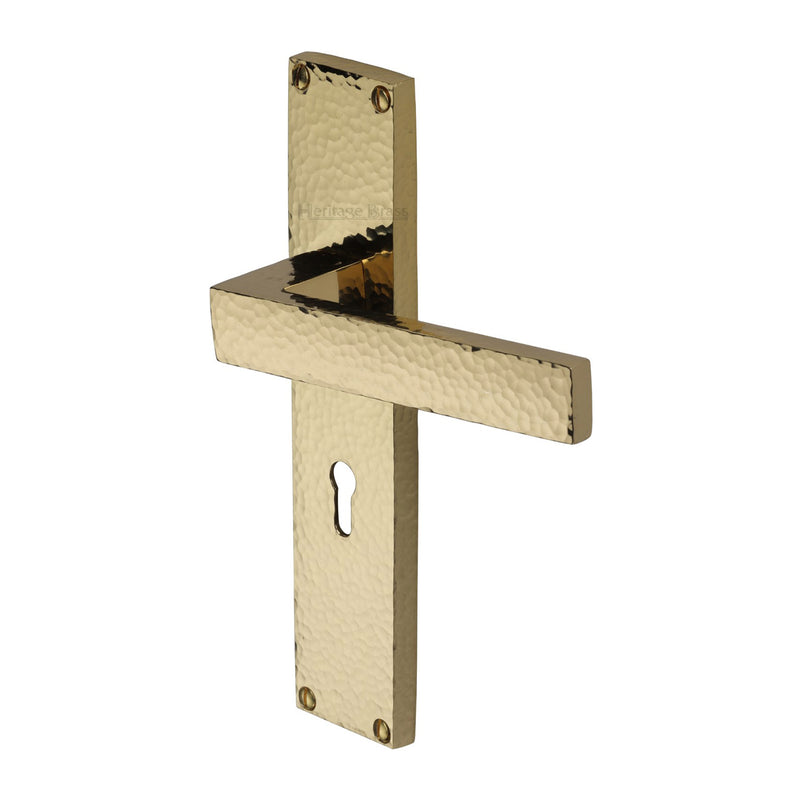 Heritage Brass Delta Hammered Lever Lock Door Handle on 200mm Plate Polished Brass finish - VTH3300-PB - Choice Handles