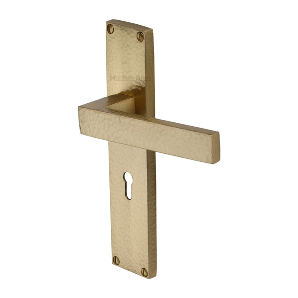 Heritage Brass Delta Hammered Lever Lock Door Handle on 200mm Plate Satin Brass finish - VTH3300-SB - Choice Handles