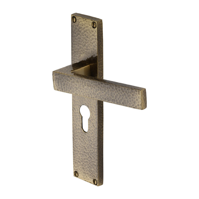 Heritage Brass Delta Hammered Euro Profile Door Handle on 200mm Plate Antique Brass finish - VTH3348-AT - Choice Handles