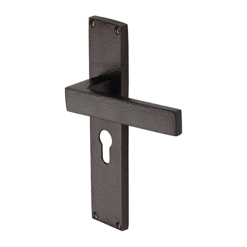 Heritage Brass Delta Hammered Euro Profile Door Handle on 200mm Plate Matt Bronze finish - VTH3348-MB - Choice Handles