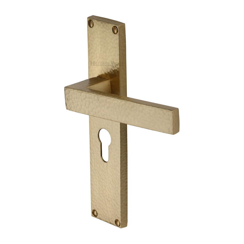 Heritage Brass Delta Hammered Euro Profile Door Handle on 200mm Plate Satin Brass finish - VTH3348-SB - Choice Handles