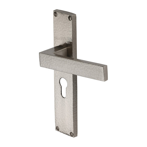 Heritage Brass Delta Hammered Euro Profile Door Handle on 200mm Plate Satin Nickel finish - VTH3348-SN - Choice Handles