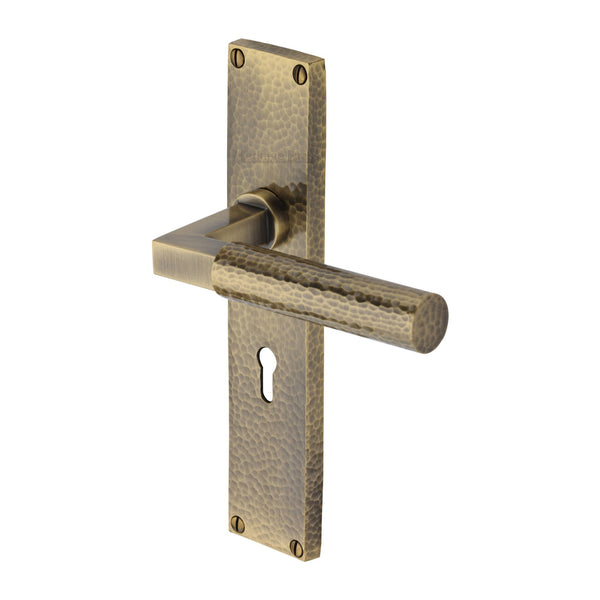 Heritage Brass Bauhaus Hammered Lever Lock Door Handle on 200mm Plate Antique Brass finish - VTH4300-AT - Choice Handles