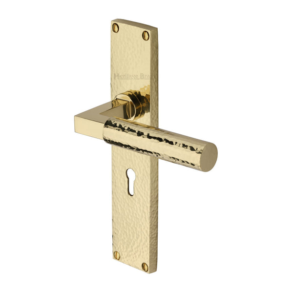 Heritage Brass Bauhaus Hammered Lever Lock Door Handle on 200mm Plate Polished Brass finish - VTH4300-PB - Choice Handles