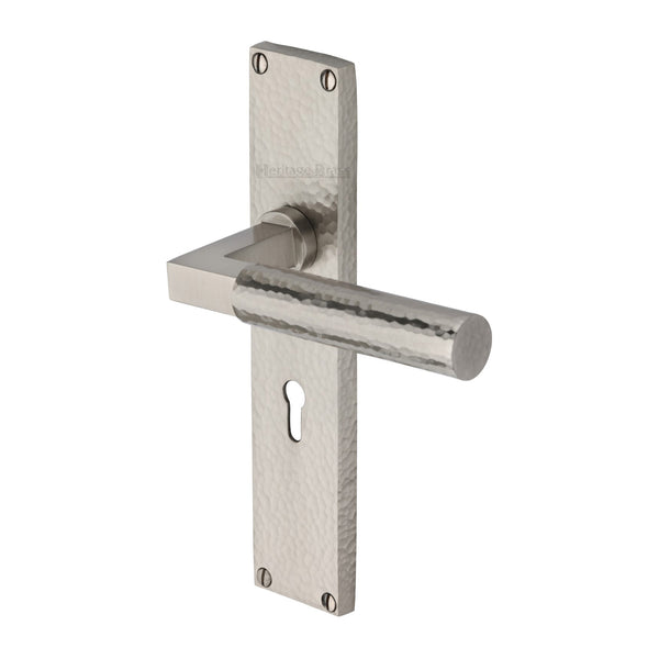 Heritage Brass Bauhaus Hammered Lever Lock Door Handle on 200mm Plate Satin Nickel finish - VTH4300-SN - Choice Handles