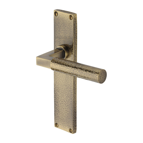 Heritage Brass Bauhaus Hammered Lever Latch Door Handle on 200mm Plate Antique Brass finish - VTH4310-AT - Choice Handles