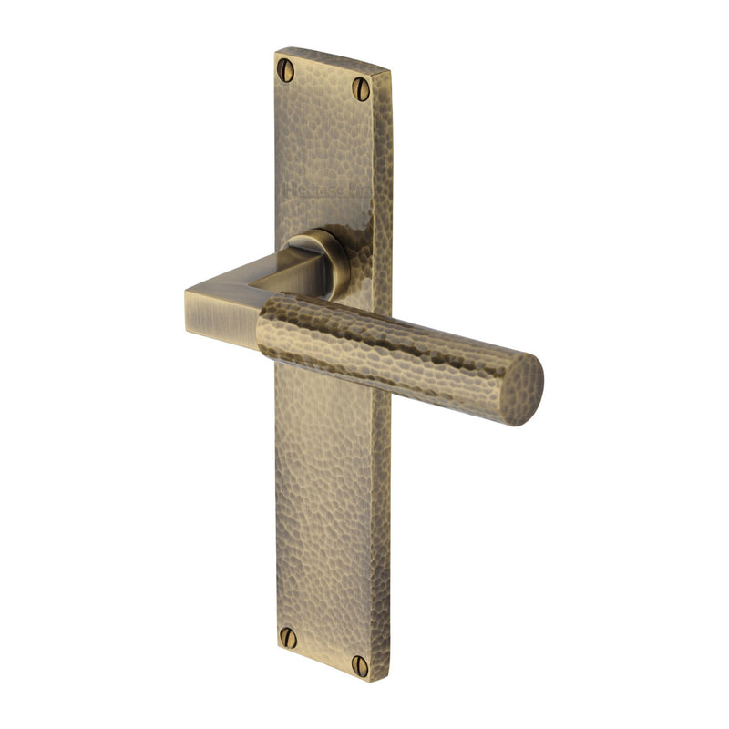 Heritage Brass Bauhaus Hammered Lever Latch Door Handle on 200mm Plate Antique Brass finish - VTH4310-AT - Choice Handles