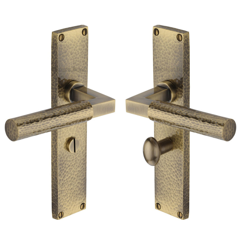 Heritage Brass Bauhaus Hammered Bathroom Set Door Handle on 200mm Plate Antique Brass finish - VTH4330-AT - Choice Handles