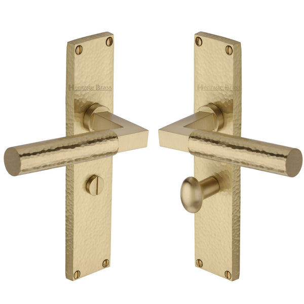 Heritage Brass Bauhaus Hammered Bathroom Set Door Handle on 200mm Plate Satin Brass finish - VTH4330-SB - Choice Handles
