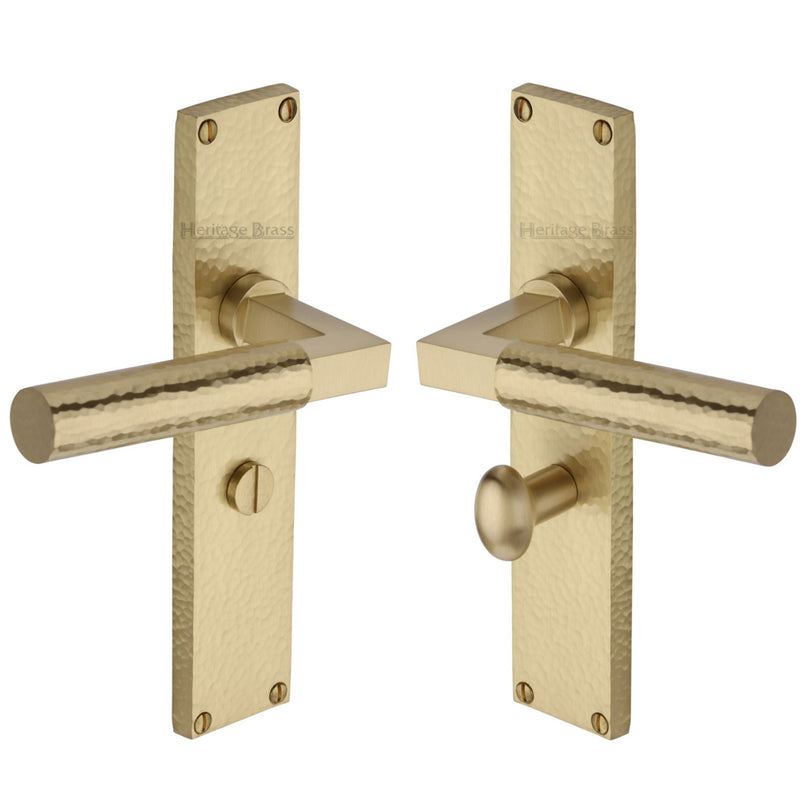 Heritage Brass Bauhaus Hammered Bathroom Set Door Handle on 200mm Plate Satin Brass finish - VTH4330-SB - Choice Handles