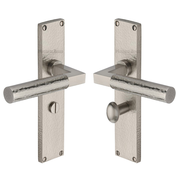 Heritage Brass Bauhaus Hammered Bathroom Set Door Handle on 200mm Plate Satin Nickel finish - VTH4330-SN - Choice Handles