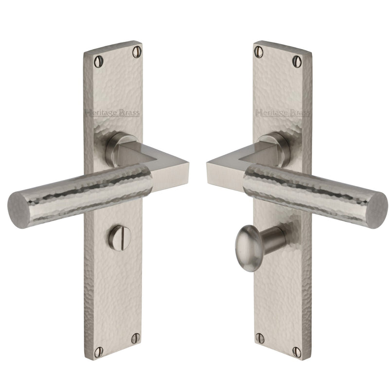 Heritage Brass Bauhaus Hammered Bathroom Set Door Handle on 200mm Plate Satin Nickel finish - VTH4330-SN - Choice Handles