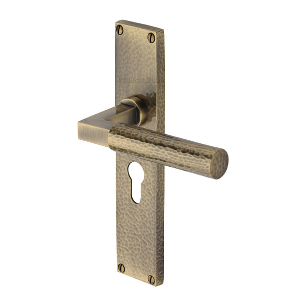 Heritage Brass Bauhaus Hammered Euro Profile Door Handle on 200mm Plate Antique Brass finish - VTH4348-AT - Choice Handles
