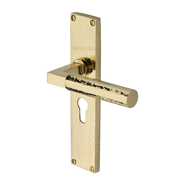 Heritage Brass Bauhaus Hammered Euro Profile Door Handle on 200mm Plate Polished Brass finish - VTH4348-PB - Choice Handles