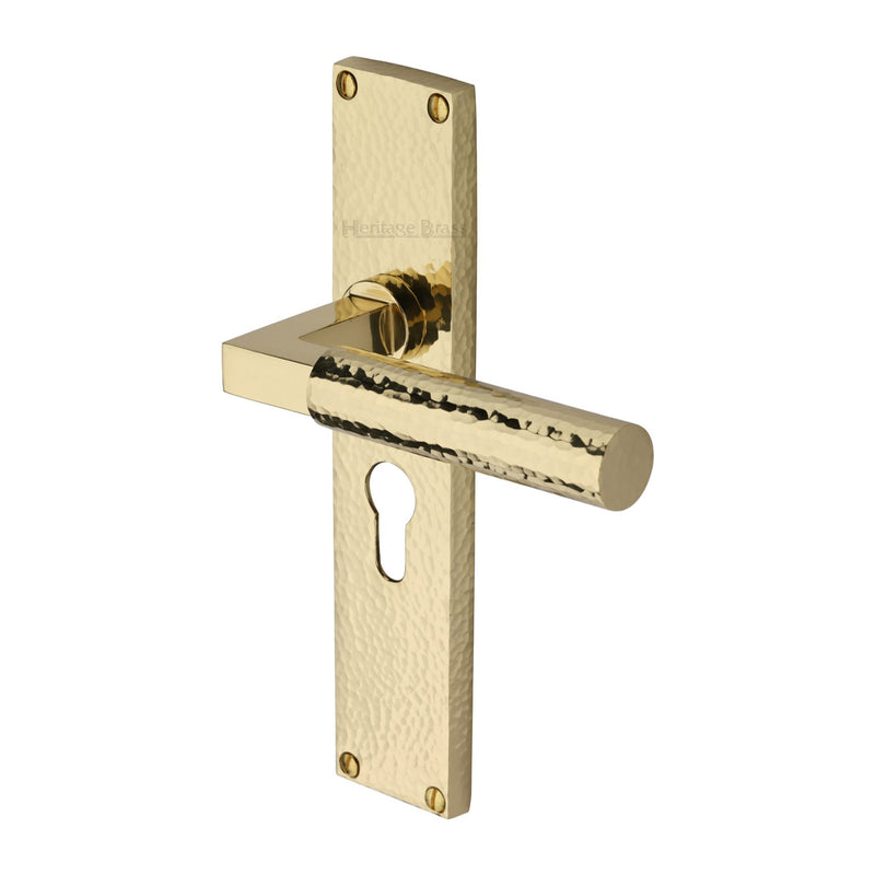 Heritage Brass Bauhaus Hammered Euro Profile Door Handle on 200mm Plate Polished Brass finish - VTH4348-PB - Choice Handles